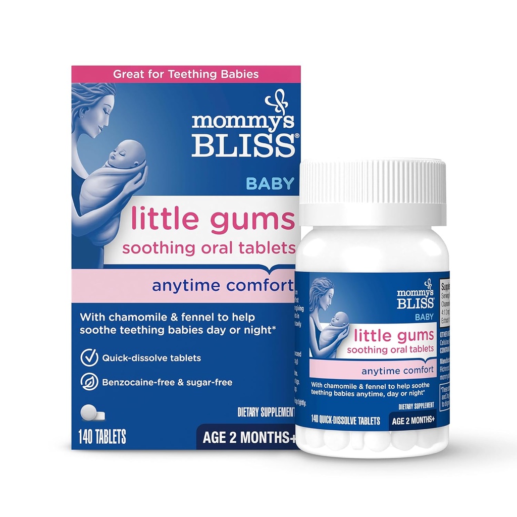 Mamina Bliss mali žvečilni gumiji Pomirjujoče ustne tablete, Super za zobe dojenčke, Benzocain-free & Sugar-free, 2 meseca+, 1 steklenica (140 tablet)