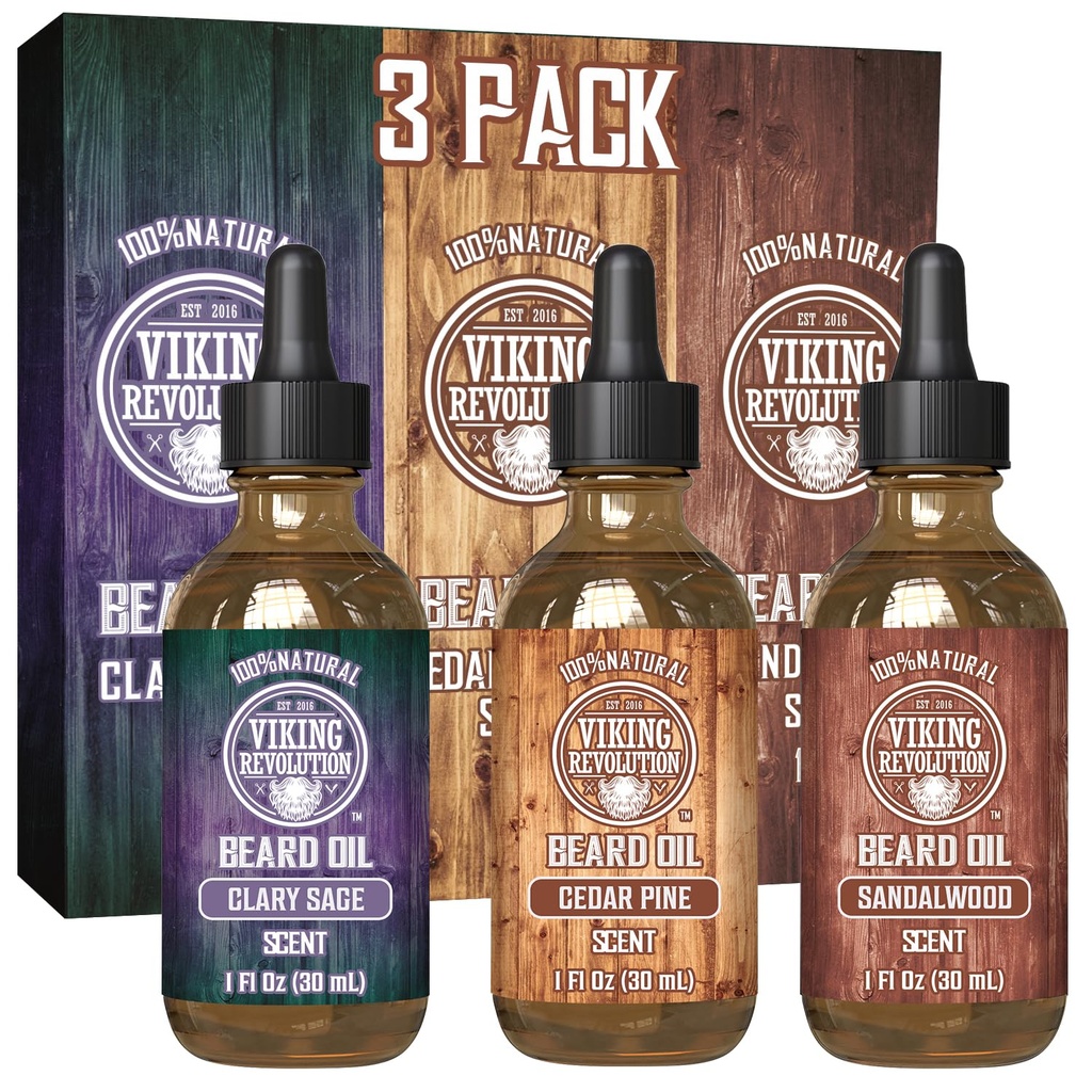 Viking Revolution Beard olje za moške 3 Pack - Naravni moški Beard Oil Variety Set - Sandalwood, Bor in Cedar, Clary Sage Scents - Beard conditioning in vlaženje za zdravo brado (3 Pack, 1oz)