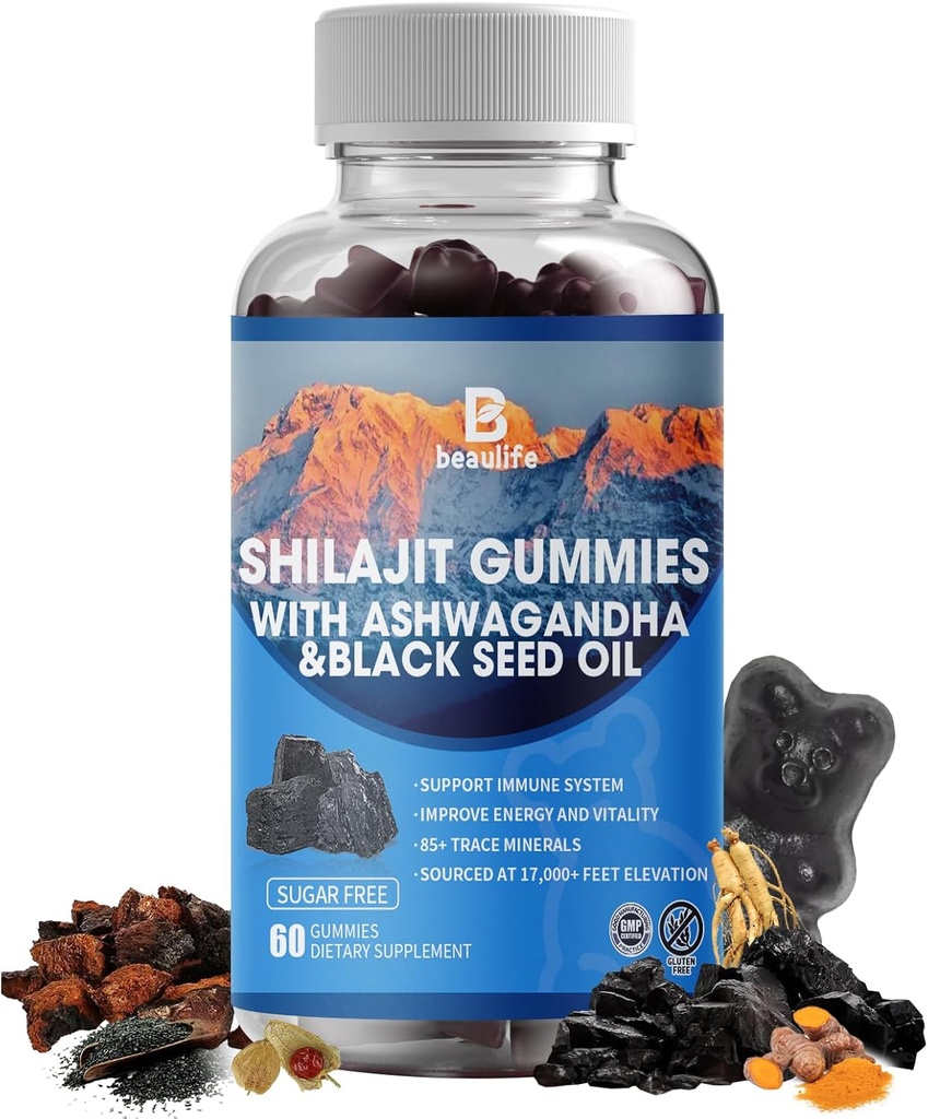 Shilajit Gummies, Shilajit, Resin, with 85+ Trace Minerals, Fulvic Acid, Phytonutrients, Vitamin C, D, B12, Ashwagandha, Chaga Mushroom, Turmeric, for Energy, Immune Support