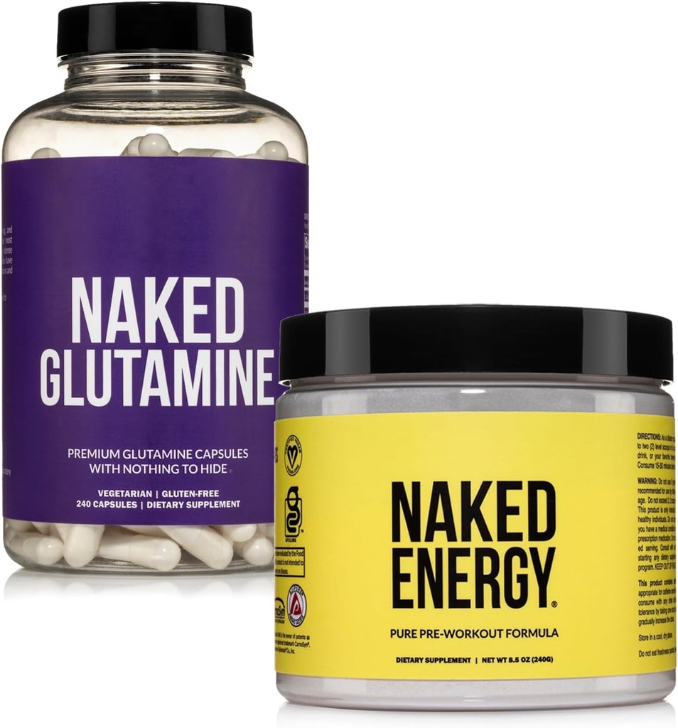 NAKED Vegan Energiziranje mišice rekuperacija paket nearomatizirana energija in 240 L-glutamin kapsule, 1000mg