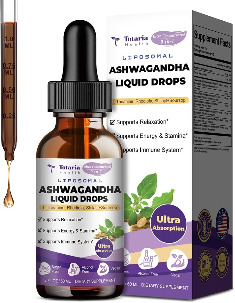 Totaria Liposomal Ashwagandha Tekoče kapljice w/Shilajit, Magnezij, Soursop, L-Theanin, Ultra Extact Izvleček korenine Ashwagandha 