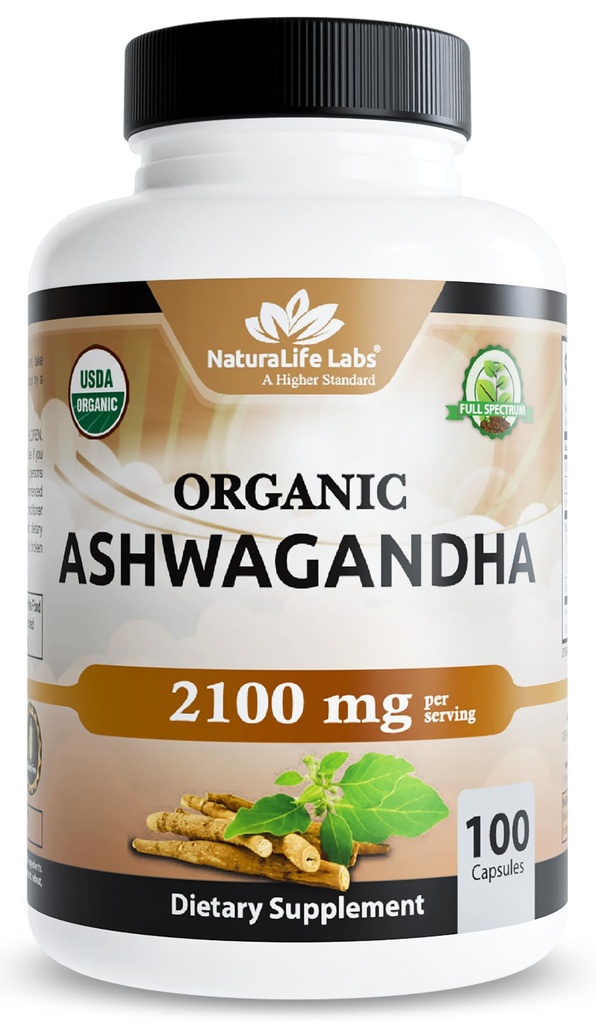 NaturaLife Labs Organic Ashwagandha 2100 mg na serviranje – Root Powder & Extract – 100 kapsul – Vegan, ne-GMO, Gluten-free