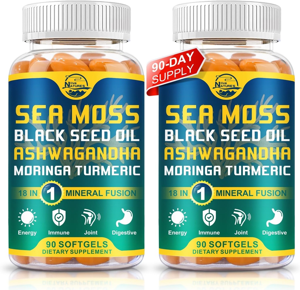 Narava je v živo organsko morje Moss softgels s črnim oljem, Ashwagandha, Bladderwrack, Ginger, Burdock koren, Manuka med, Cimet za imunski sistem, kožo, energijo, 90 Softgels, 2 Pack