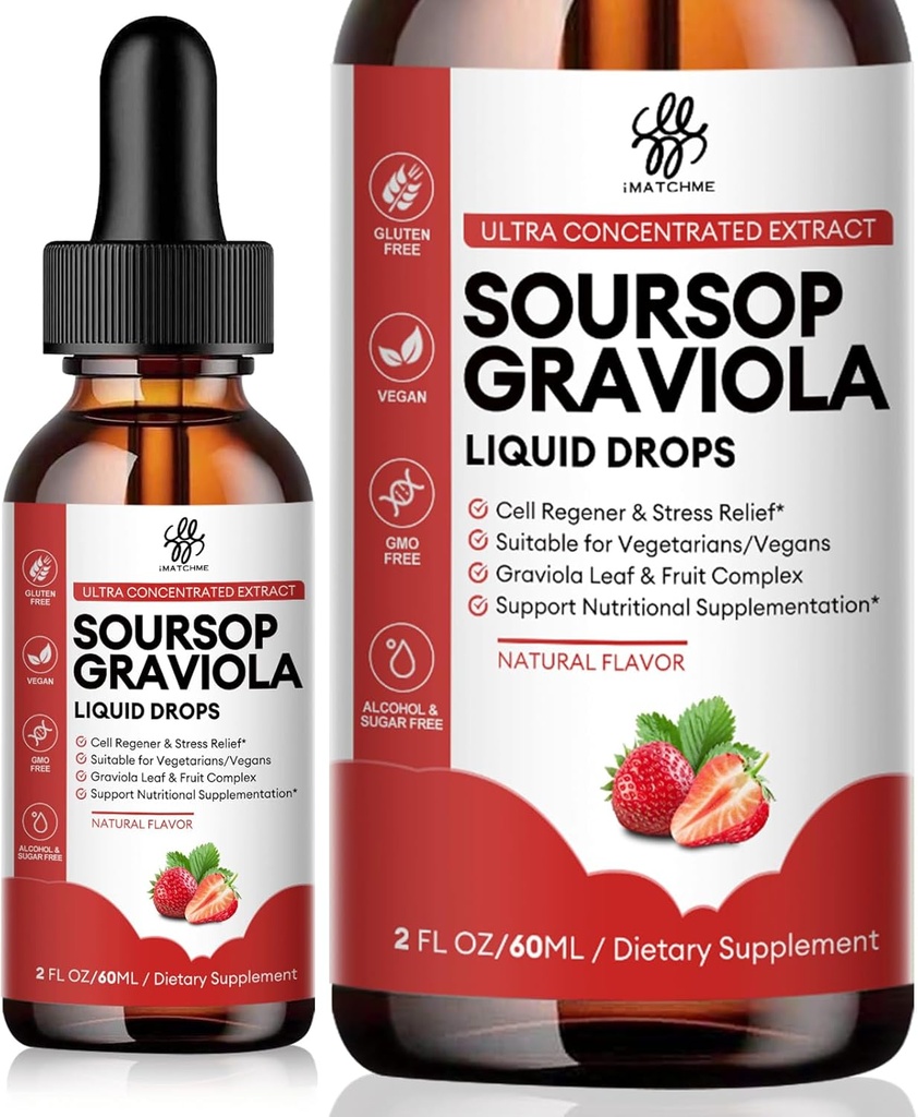 iMATCHME Soursop Graviola Tekoča kapljica, Soursop Bitters Tekoči, Naravni Soursop Listi in sadni kompleks za splošno Wellness, Sladkor/Kafein/Gluten, Jagodna aroma, 2 Fl Oz