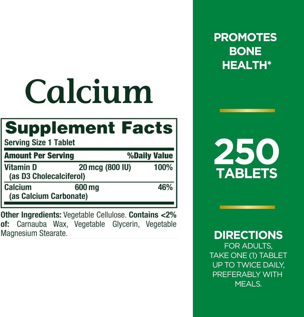 Kalcijev karbonat in vitamin D narave, podpira imuno zdravje in zdravje kosti, 600 mg kalcija in 800 i. e. vitamina D3, 250 tablet (paket z 2)
