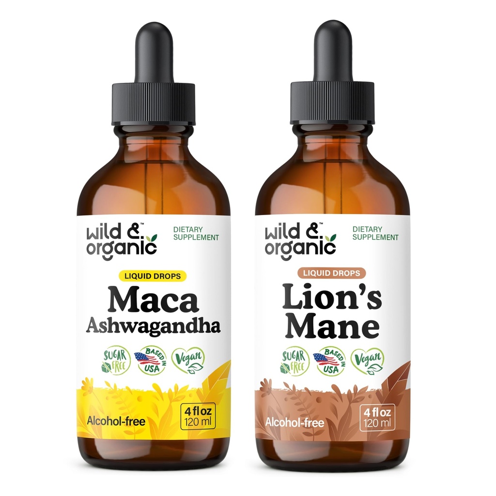 Wild & Organic Maca Ashwagandha Tinkture 4 fl oz & Lion's Mane Tinkture 4 fl oz