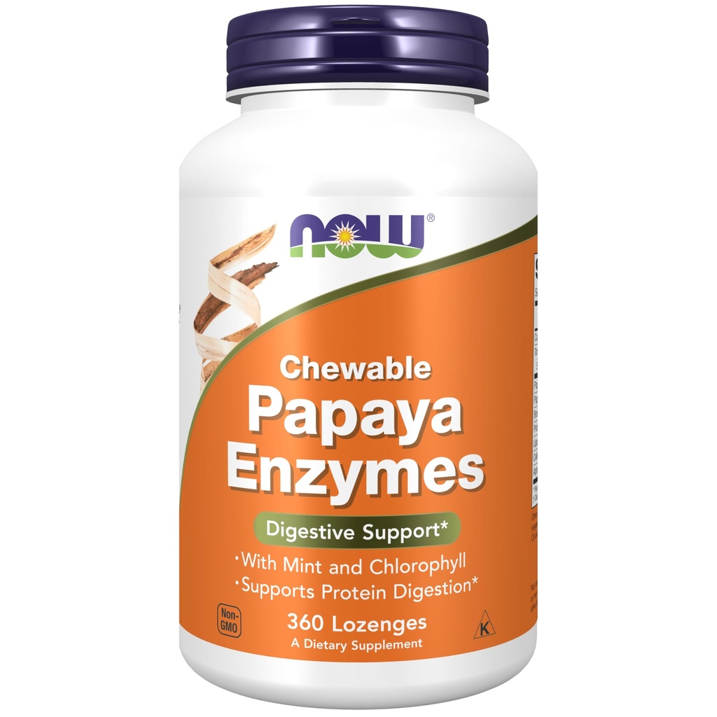 NOW Foods Supplements, Papaya Enzyme z meto in klorofilom, Prebavna podpora*, 360 Žvečljive Lozenges