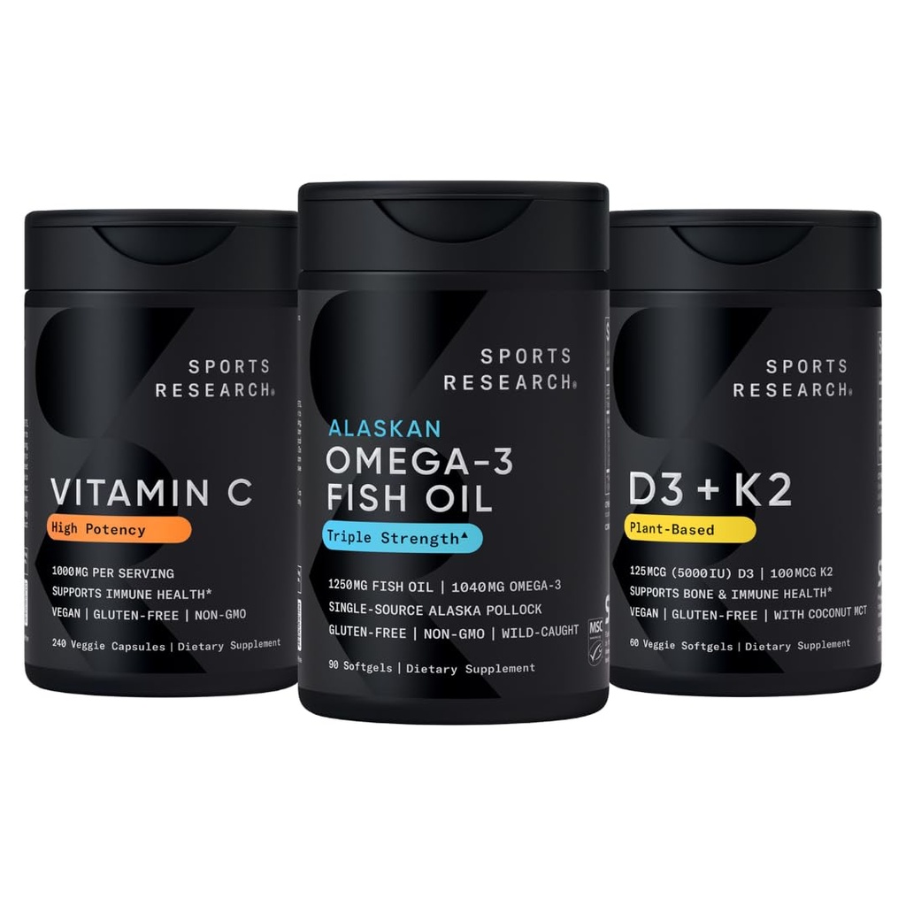 Športne raziskave 1250 mg Omega 3 Omega Olje brez Burpless Fish Oil - Wild Aljaski Pollock - (90 Count), Visoka moč Vegan Vitamin C 1000mg (240 Count) + Vegan 5000iu Vitamin D s 100mcg Mk7 Vitamin K (60 Count)