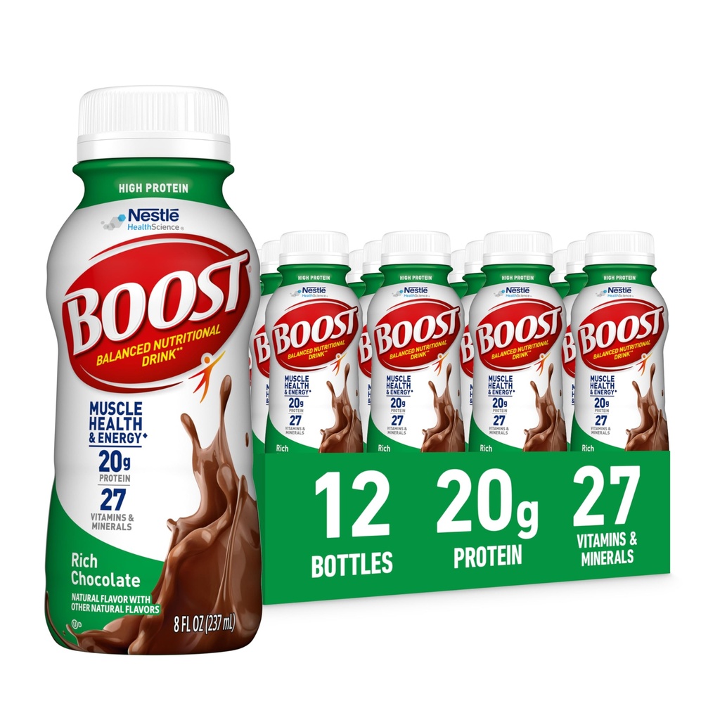 BOOST Visoke beljakovine Pripravljen za pitje uravnotežene prehranske pijače, bogata čokolada, 8 FL OZ (Pack of 12)