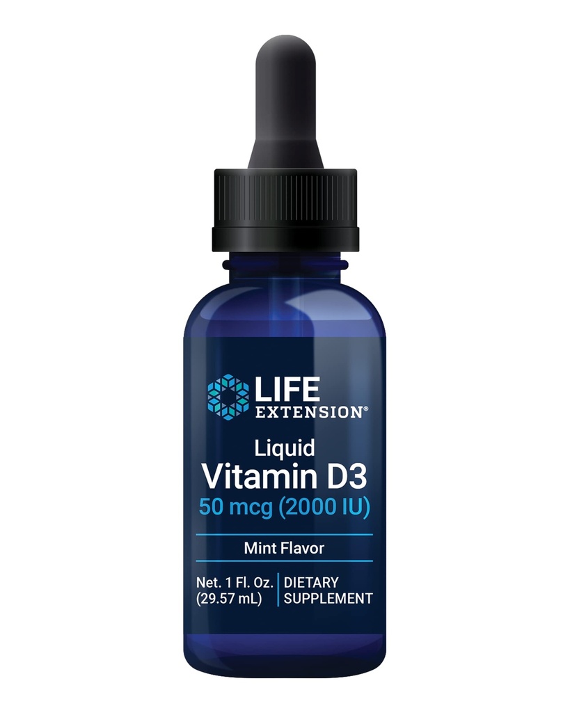 Življenjsko podaljšanje Tekoči vitamin D3 (Mint), 50 μg (2000 i.e.), Podpora imunskega sistema, zdravje kosti, zdravje celega telesa, okusna pepermint aroma, brez glutena, ne-GMO, 29,57 ml