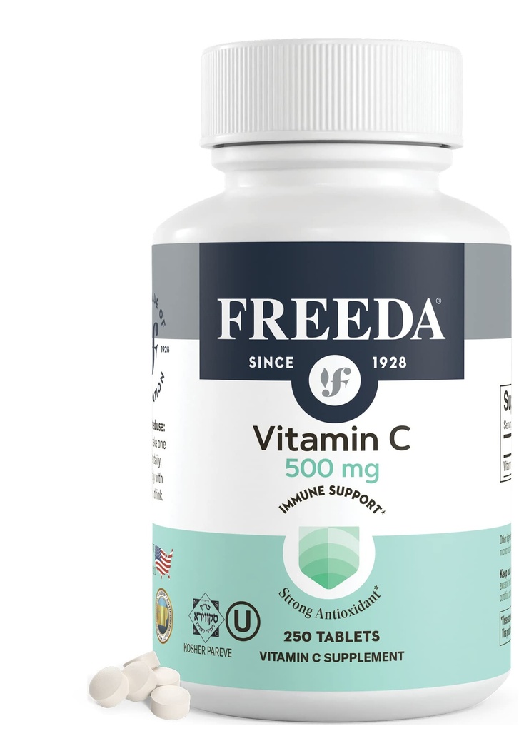 FreeDA Vegan Vitamin C 500mg – Košir Imunska podpora & Antioksidant – Pomaga ohranjati zdravo kožo in lase, podpira železno absorpcijo – brez glutena, brez laktoze, brez umetne arome ali barve – 250 tablet