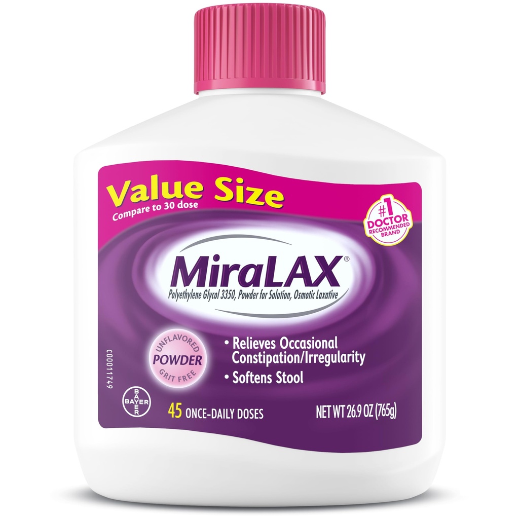 Miralax Laksativen prašek, Nežna zaprtost Olajšanje pri odraslih, Stool Mehčalo s PEG 3350, Nestimulant Laksativo, Brez škodljivih stranskih učinkov, Osmotic Laxative, 45 Odmerek