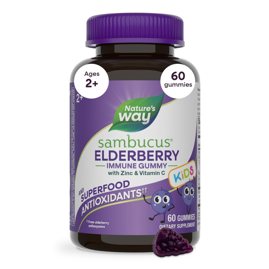 Naravoslovna pot Sambucus Elderberry Immune Gumies za otroke, Imunska podpora Gumies*, s črnim izvlečkom borovnic, vitamina C in cinka, 60 Gumies (Packaging May Vary)