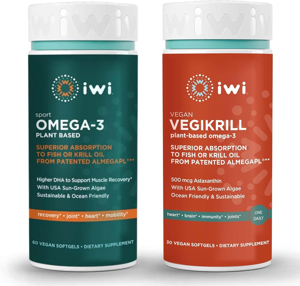 iwi Omega-3 Sport & Vegikrill Omega-3 Bundle, 30 Servings, Vegan na osnovi rastlin Algae Omega 3 z EPA + DHA, Krill & Fish Oil Alternative, Brez ribjega pookusa