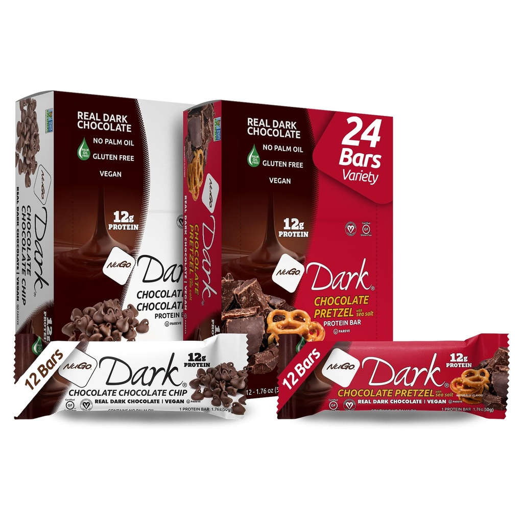 NuGo Dark Variety - Čokolada Pretzel 12 Barov & Čokolada Chip 12 Barov, 12g Protein, Vegan, Gluten Free, Non-GMO, Kosher Pareve, 24 Count