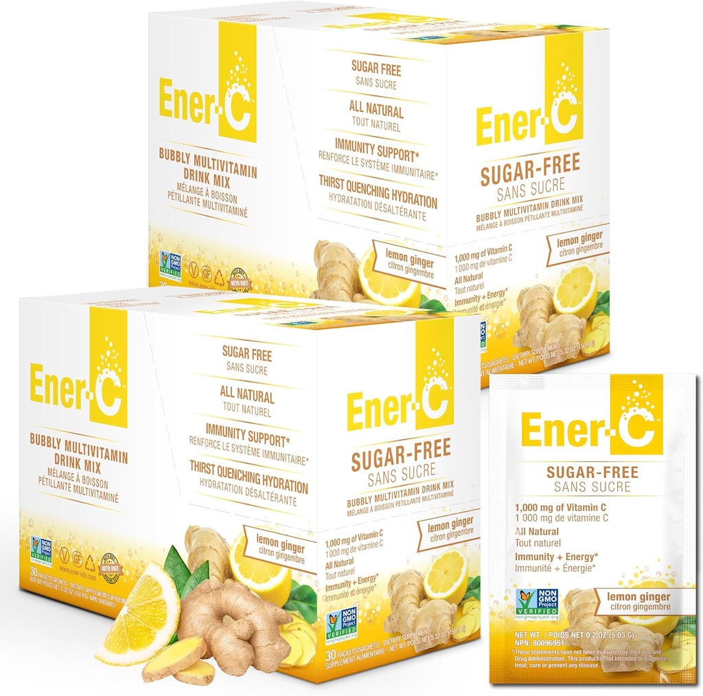 Energija brez sladkorja Energija brez sladkorja Lemon Ingver Multivitaminski napitek Mix Vitamin C 1000mg & Elektroliti - Naravna Imuniteta Podpora s praški pravega sadnega soka - Non-GMO Vegan & Gluten Free - 60 Count