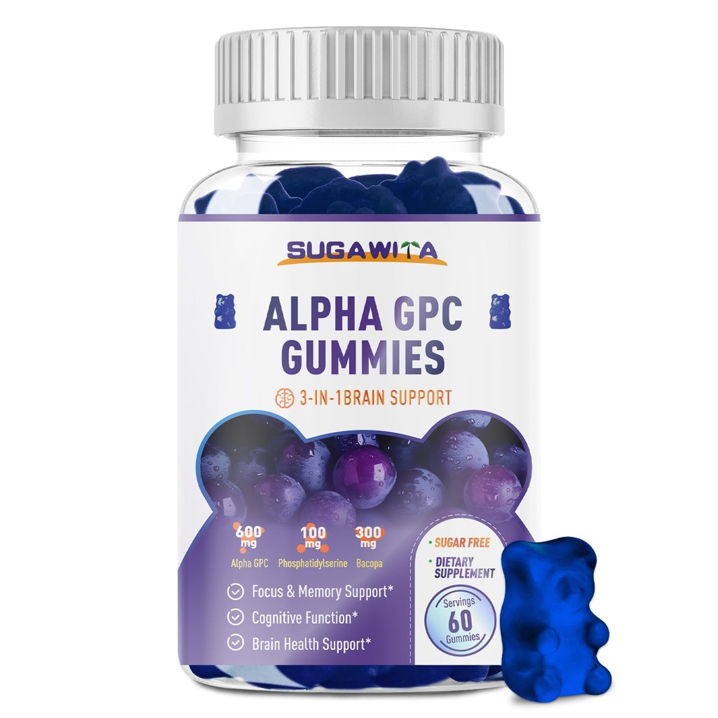 Alpha GPC Choline Gummies 600mg s fosfatidilserin & Bacopa – 3-in-1 Brain Support for Memory, Focus & Long-Term Cognitive Health – Sladkor-Free, naravna formula, 60 Count