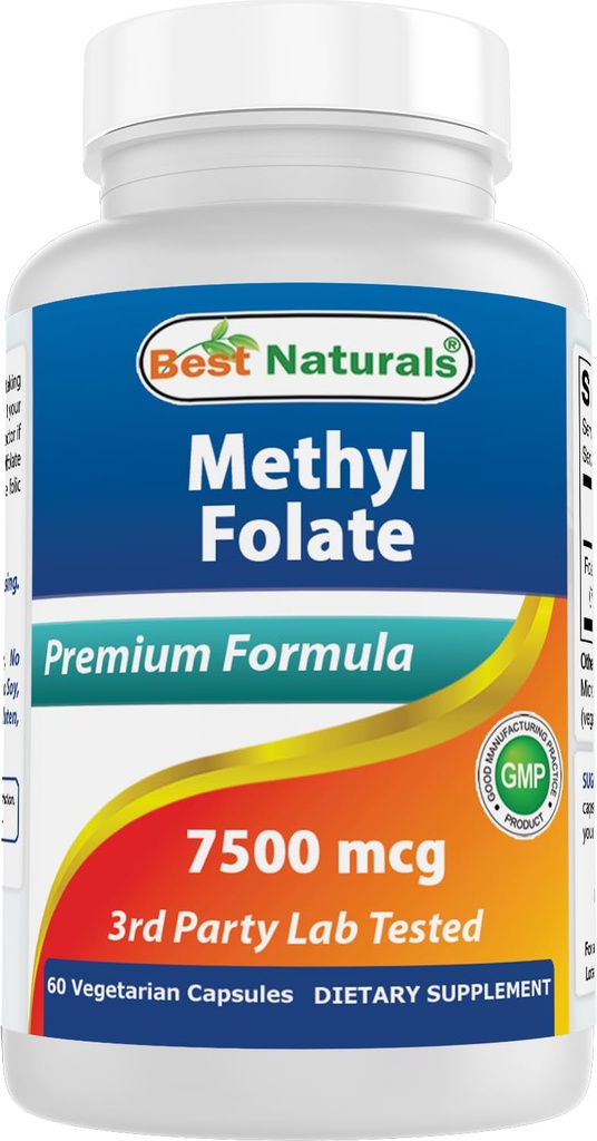 Best Naturals Metil Folate 7500 mcg (7, 5 mg) (Najbolj na voljo) Veggie kapsula - podpira formacijsko rast celic, možgani, spomin, kardiovaskularno zdravje, 60 število