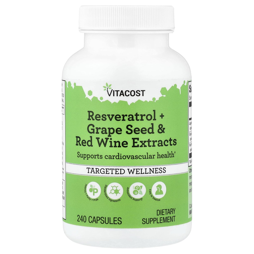 Vitacost Resveratrol + ekstrakti grozdnega semena in rdečega vina - 240 kapsul