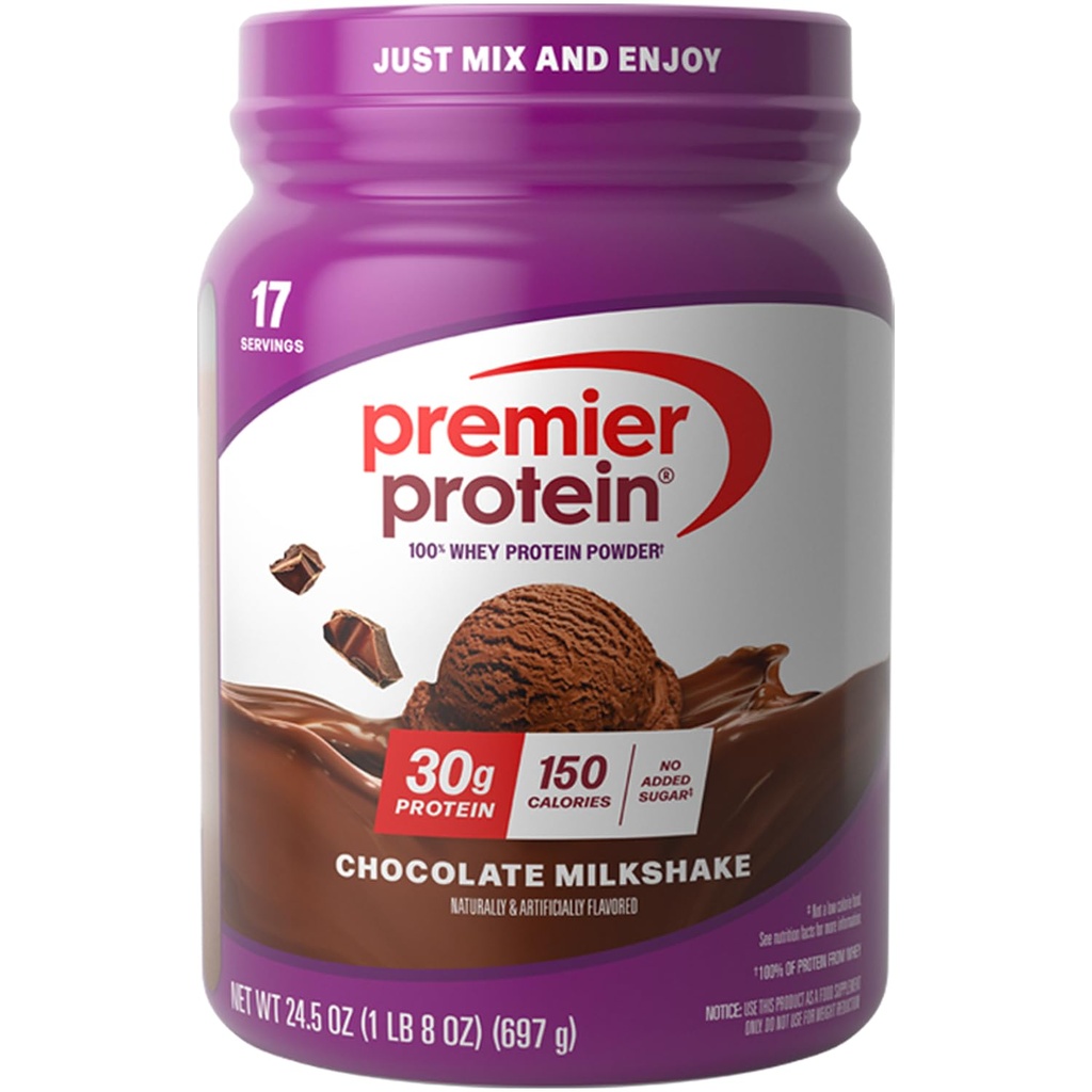 Premier Beljakovine v prahu, čokoladni mlečni napitek, 30g beljakovin, 1g sladkorja, 100% sirotkinih beljakovin, Keto prijazno, brez soje, brez glutena, 24,5 oz (17 strežnikov)