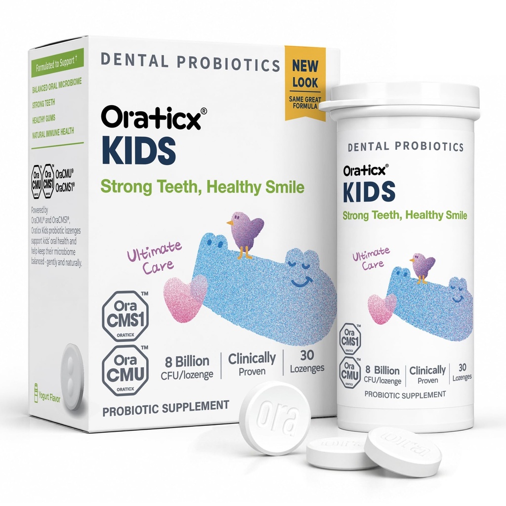 OraTicx Kids Zobni probiotiki za anti-kavto + Zdravi zob in žvečilni gumiji, 8 milijard CFU probiotiki za ustno zdravje, Jogurt Flavor 1-PK