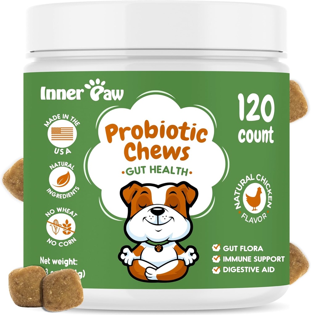 Inner Paw Probiotiki za pse, prebavni encimi in prebiotična formula za zdravje črevesja, pasji probiotiki za diarejo, Bowel & Imune Support, Chicken Flavor, 120 Soft Chews