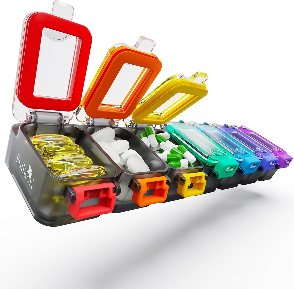 Fullicon tedenske tablete Organizator 7 dan Ultra vlaga in razlitje dokaz Daily Pill Box, Velika medicina primer z varno Buckle, Compact tablete vsebnik za tablete, vitamin, in ribje olje (Rainbow Black)