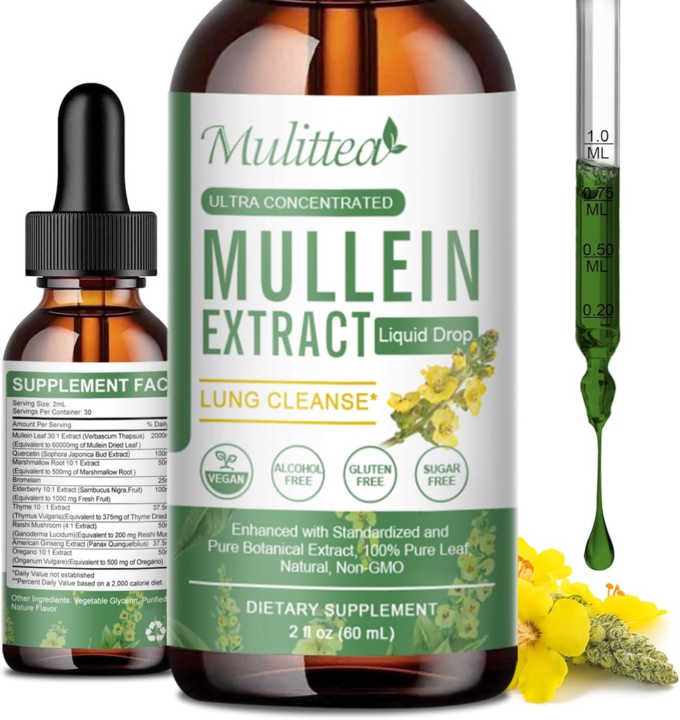 Mulleinske kapljice za pljuča in limfatično drenažo - Lung Cleanse & Detox- Vegan Mullein Leaf Extract podpora Imunska, respiratorna digestiva -9 Potent Herbal dodatek za obnovo -Kot tekoče