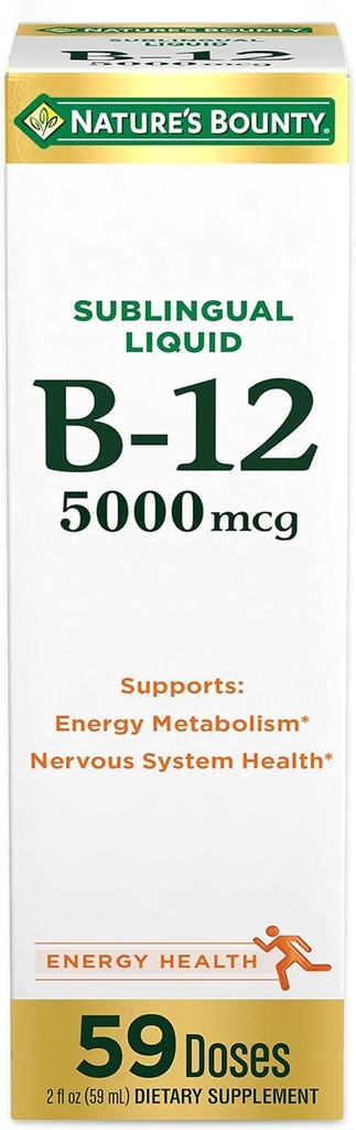 Naravni Bounty Vitamin B12 5000 mcg Podjezično tekoče, kardiovaskularno zdravje in celična energijska podpora, 2 Fl Oz (1 števec)