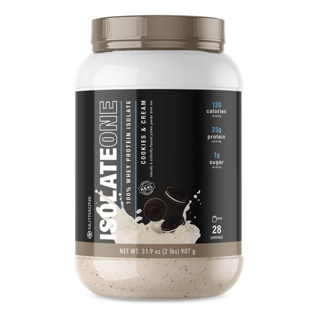 NutraOne IsolateOne Whey Isolate Protein Powder 100% Pure Whey Isolate Powder (piškotki in krema - 28 serverjev)