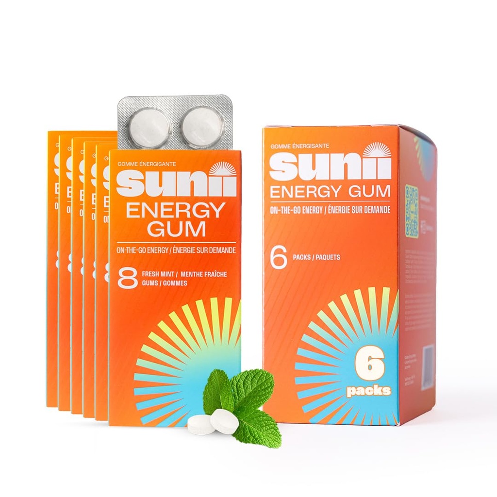 Sunii - Energy Gum - Novi hitro povečanje energije in fokus - 50mg Caffeine Gum -Vitamini B6 & B12, Taurine, Vegan, Brez sladkorja, Zero Calorie, Svež okus mete - hitreje kot žveči, pijače, Gels & tablete (48kos)