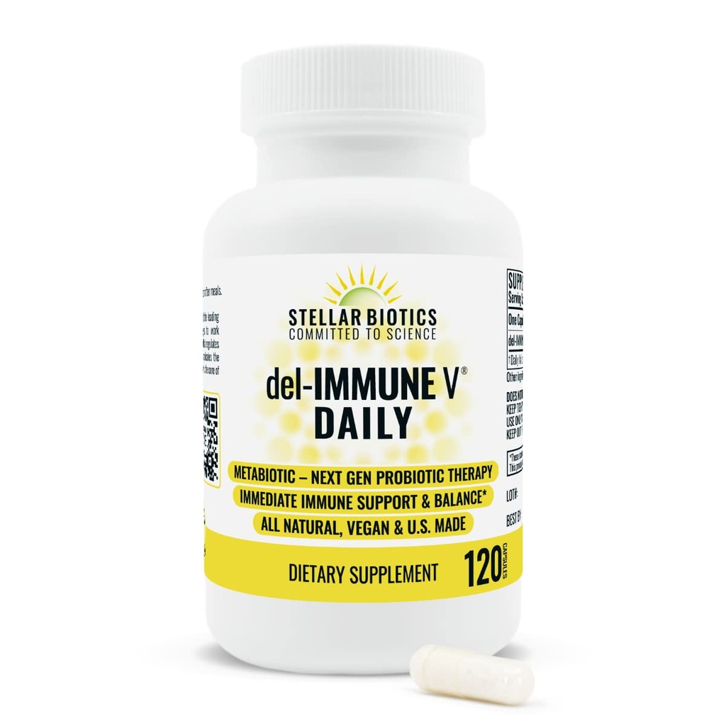 Del-Immune V® Daily by Stellar Biotics, All-Natural Immune Support & Gut Health, Takojšnja nega, metabiotik: NextGen Probiotic Therapy (120 Caps)