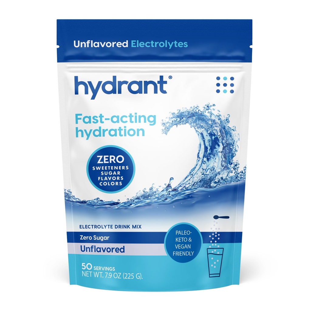 Hydrant - Bulk Hydration Powder, nearomated, 50 Serving hitro delujoče Rehidracija elektrolitov v prahu - Zero Sugar Flavor Drink Mix za vsakodnevno uporabo, potovanja in vaje