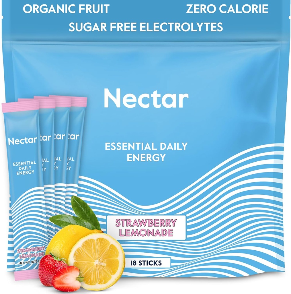 Nectar Energy Booster - Organic Caffeine, B12 & Elektroliti - Sugar Free & Zero Calorie – Zdrava kava, Energy Drink & Soda Alternative – Hidracija in energijski dodatek (Straw. Limonada 18 Packets)