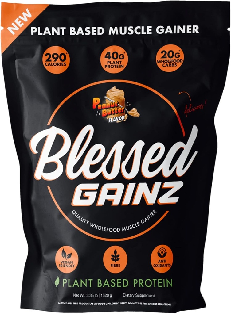 BLESSED Gainz Vegan Protein Powder Mass Gainer - 40g Rastlinski beljakovinski prašek - Zamenjava obroka s Pea Protein Powder - Vegan Protein Shake - 40 Serving (Peanutovo maslo)