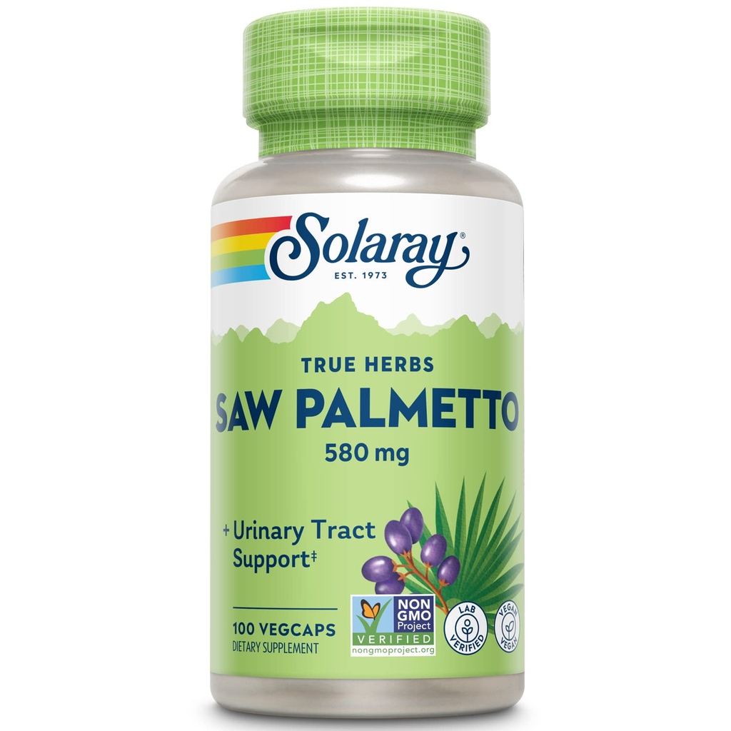 SOLARAY Saw Palmetto Berry 580 mg, Zdrava prostata in urinski trakt Podpora iz maščobnih kislin in rastlinskih sterolov za moške in ženske, Non-GMO, Vegan & Lab preverjen, 100 VegCaps, 100 Servings