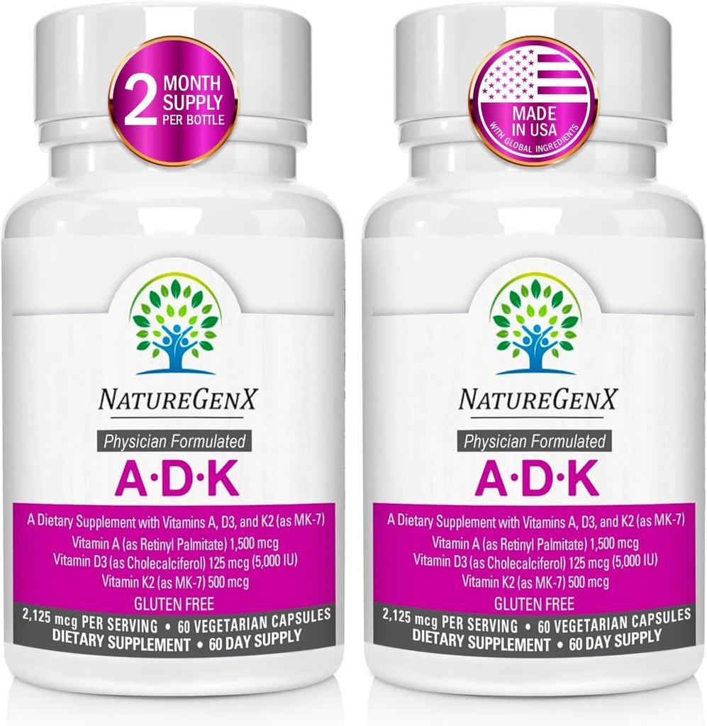 ADK dodatek vitamina – izboljšano zdravje kosti z visoko jakostjo vitaminov A, D3, K2, brez glutena, 60 kapsul (paket po 2)