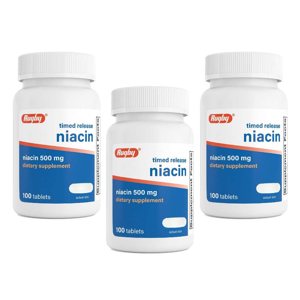 Rugby Timed-Release Niacin 500 mg z 28 mg kalcija, prehransko dopolnilo za energijo, cirkulacijo in podporo za presnovo, 100 tablet (3 pakiranja)