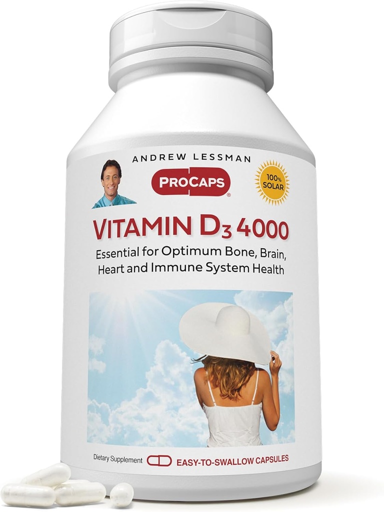 ANDREW LESSMAN Vitamin D3 4000 IU 180 Capsules - High Potency, Essential for Calcium Absorption, Supports Bone Health, Healthy Muscle Function, Immune System, More. Small Easy to Swallow Capsules