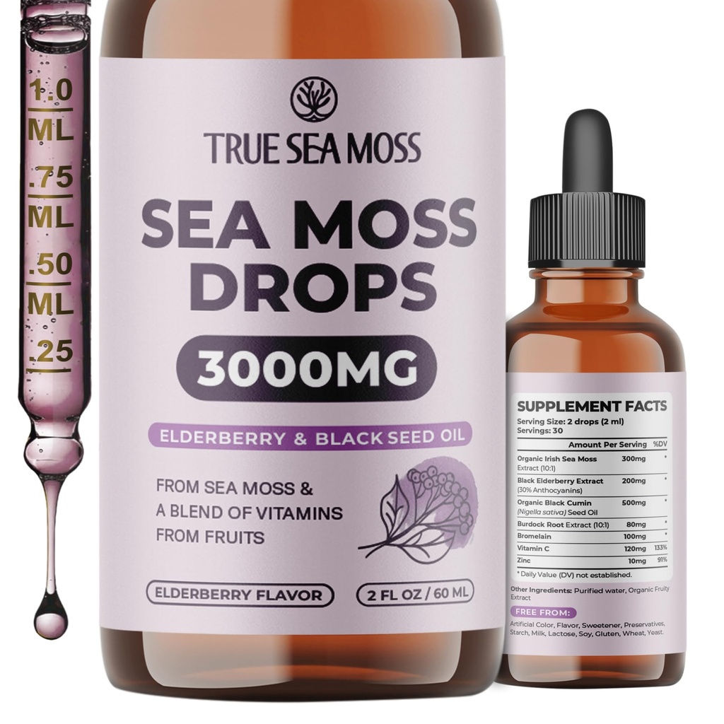 TrueSeaMoss Irish Sea Moss Kapljice - 5X Močnejši od gela Sea Moss - 92+ Essentials Minerals - s črno jerebico, Burdock Root & Black Cumin - 2 Fl Oz (60ml) - Elderberry Flavor