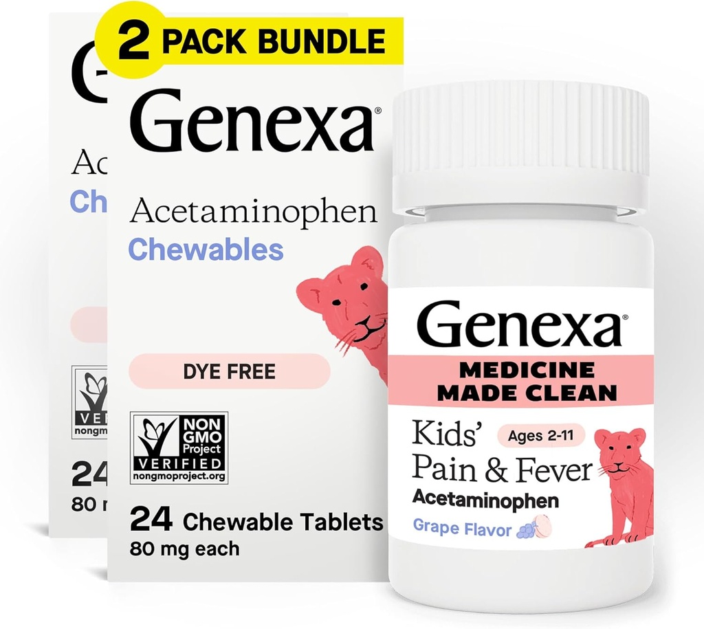 Genexa Otroci’ Čista bolečina & Fever Acetamol Žvečilni materiali, brez barve, 0% Umetni dodatki, Okusni grozdni okus, Žvečljivo zdravilo za otroke 2-11, 80 mg na tableto, 48ct (2 paket)