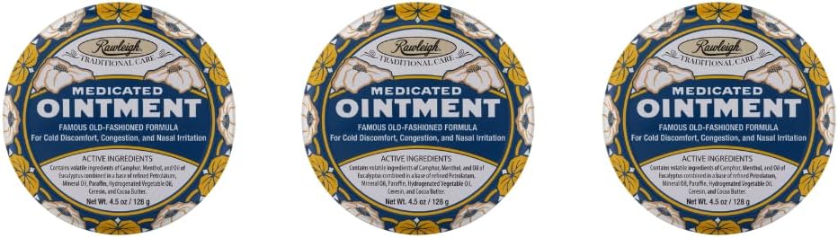 Rawleigh Medicated Mazilo: 4.5 oz Blue Tin, Topical Chest Rub for Cold, Nasal Congestion, Manjše bolečine in bolečine, s Camphor, Menthol & Eucalyptus, Nemastna formula - Pakiranje 3
