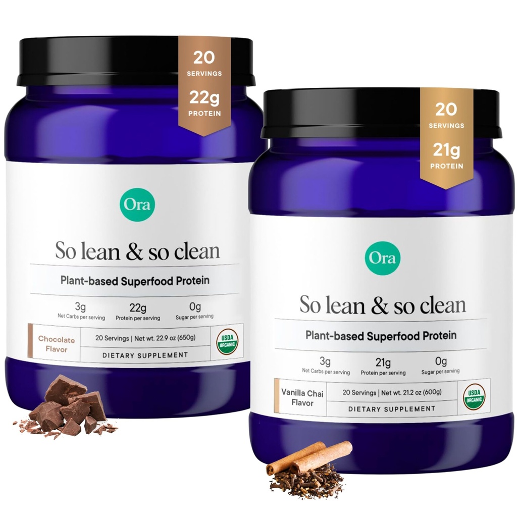 Ora Organski Vegan Protein Powder Vanilla Chai & Chocolate Bundle: 21g Protein na osnovi rastlin v prahu, Vanilla Chai Flavor, 20 Servis + 22g Rastlinske beljakovine, Čokoladni okus, 20 Servisi