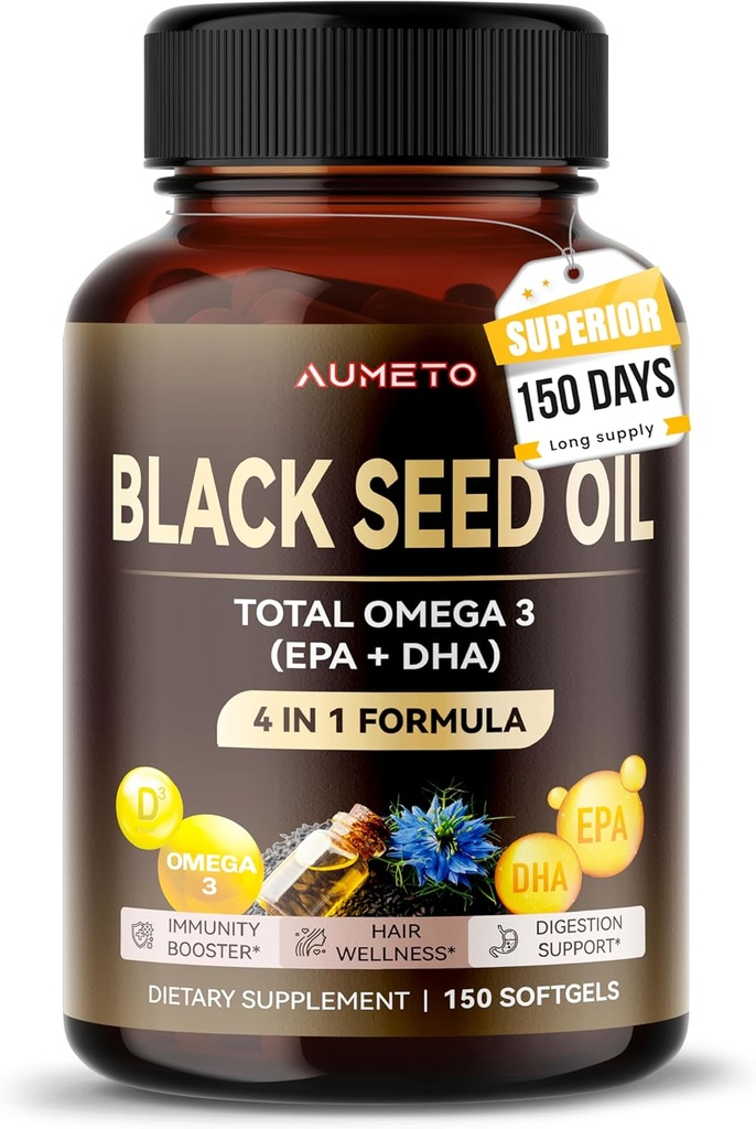 Organsko olje črnega semena - 150 Softgel - 100% hladno stisnjen vir Omega 3 (EPA + DPA) - Koža, lasje, Imunska podpora (150 Štetje)