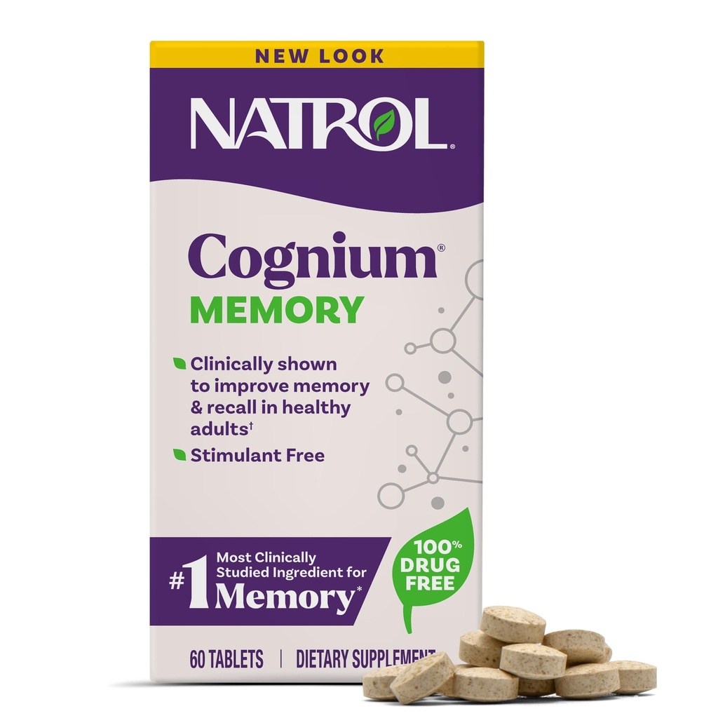 Natrol Cognium Memory, Brain Health Supplements za odrasle, prehranska dopolnila za zdravje možganov in klinično pokazala za izboljšanje spomina in odpoklic pri zdravih odraslih, 60 tablet, do 30 dni dobave