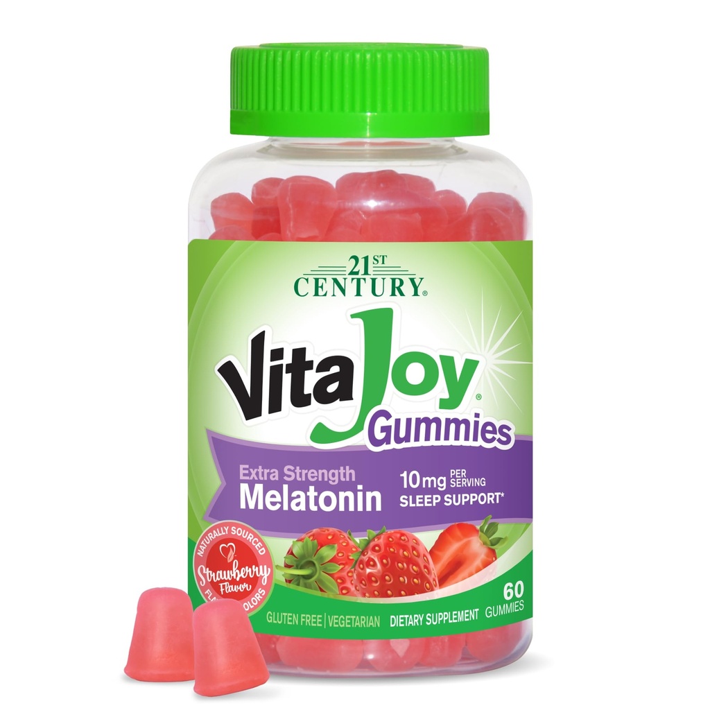 21. stoletje Healthcare VitaJoy Extra Strength Melatonin 10 mg Gummies, Jagoda, 60 Count, Red, 0.43 funtov, (Pack of 1)