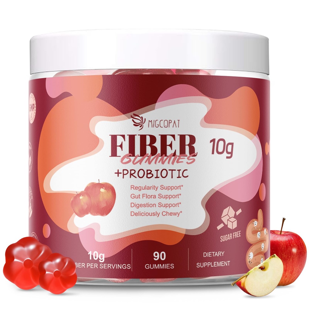 Fiber Gumies s probiotiki,10G Fiber per Serving No Sugar Dodano jabolko aroma, z 10 milijard CFU probiotiki mešanica, Apple Cider kis, Vitamin C, Inulin, Bloating Podpora 90 Število