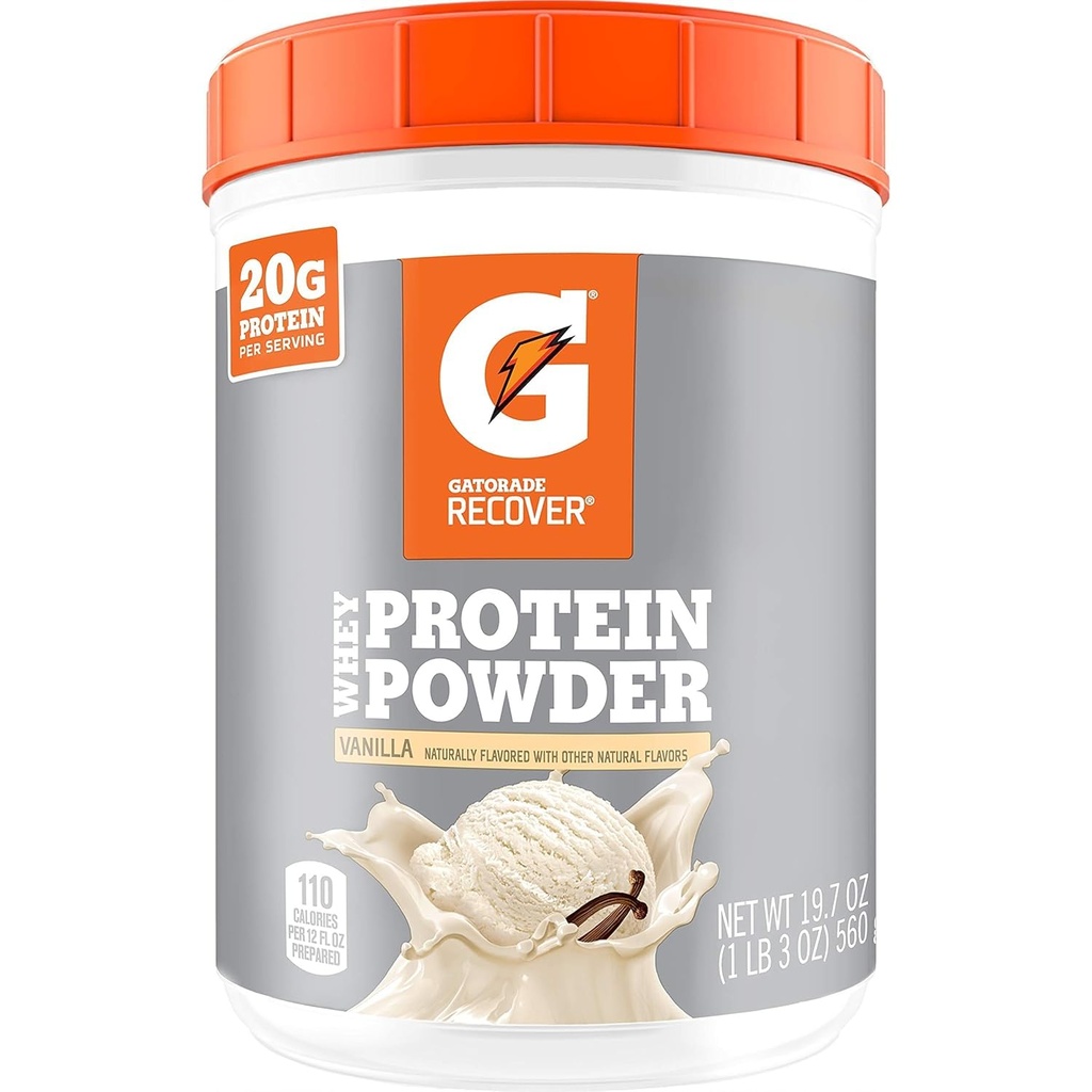 Gatorade Whey Protein Powder, 20 Servisi na kanister, 20 g beljakovin na serviranje, Vanilla, 19.7 Oz