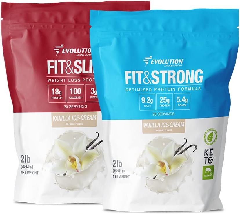 Evolution Advanced Nutrition Grass Fed 100% Whey Protein Powder + Fit & Slim z glukomannanom, Inulin Fiber – visoke vlaknine, visoke beljakovine, Pure, Keto Odobreno, Ne GSO, Stevia Sweeted – 2 Pack