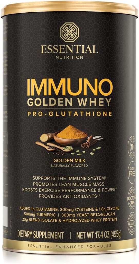 Essential Nutrition Imuno Whey - hidrolizirane sirotkine beljakovine v prahu, izolat sirotkinih beljakovin, 18g beljakovin na serviranje, aminokisline, proizvodnja glutationa - izvleček kurkuma - zlato mleko - 17.4oz